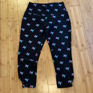 Beyond Yoga Black Leggings with Teal & Pink Hummingbird Print